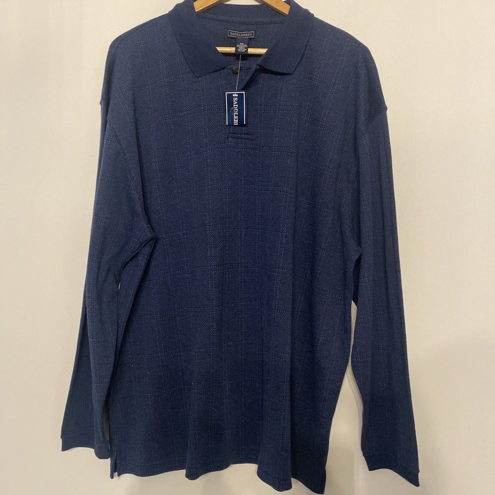 NWT Saddlebred London Blue Plaid Long Sleeve Polo XXL Shirt